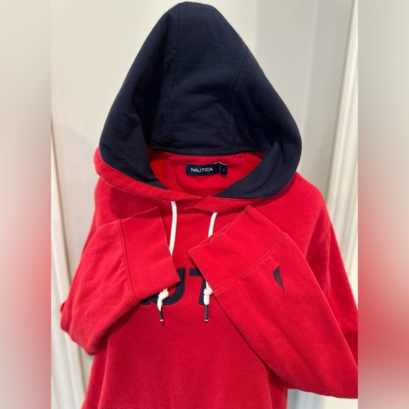 NAUTICA Red LOGO Pullover HOODIE Men’s Size Large Embroidered Kangaroo Pocket - Picture 11 of 11